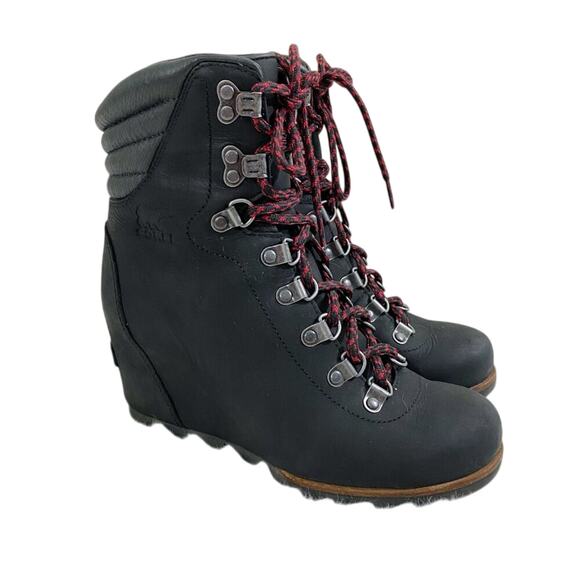 Sorel Black Oiled Leather Conquest Wedge Boots Lace Up Round Toe Women's Size 7 - Picture 11 of 11